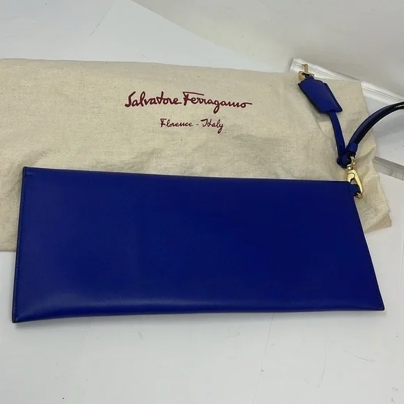 Salvatore Ferragamo Blue Leather Afef Gancio Clutch Wristlet - New Condition - Picture 5 of 15